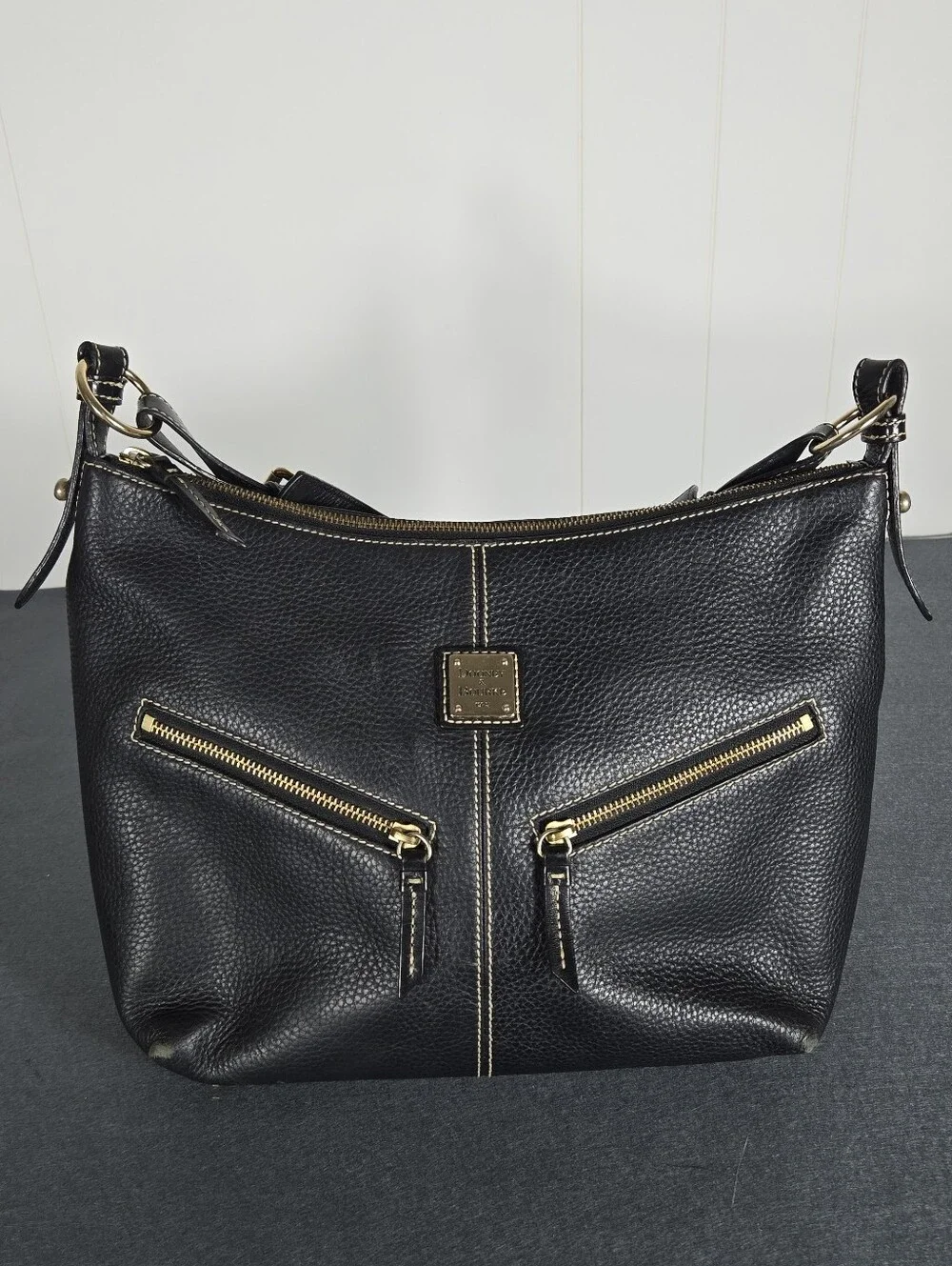 Dooney & Bourke Black Pebbled Leather Hobo with Gold Hardware Travel Plane